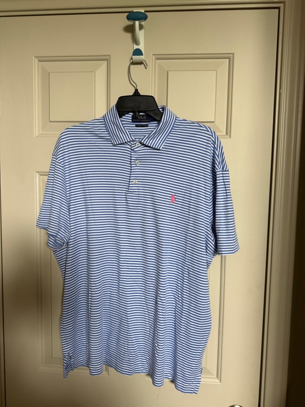 Polo by Ralph Lauren Light Blue & White Striped Polo with Pink Pony